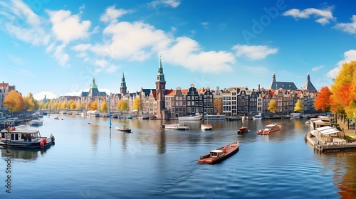  A beautiful cityscape of Amsterdam with canals, bridge and autumn trees, sunny day with blue sky