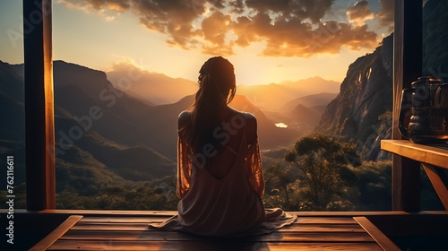 Woman watching the sunrise on a cliff in the Negev Desert of Israel. meditating in the outdoors and contemplating about meaning of life. 