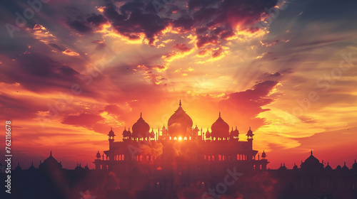 Indian temple silhouette at striking sunset sky photo