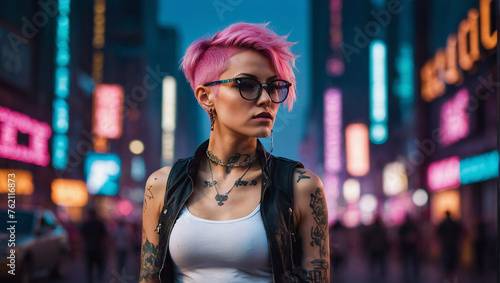 A woman with pink hair and sunglasses is walking down a street. generative AI © Oleksandr