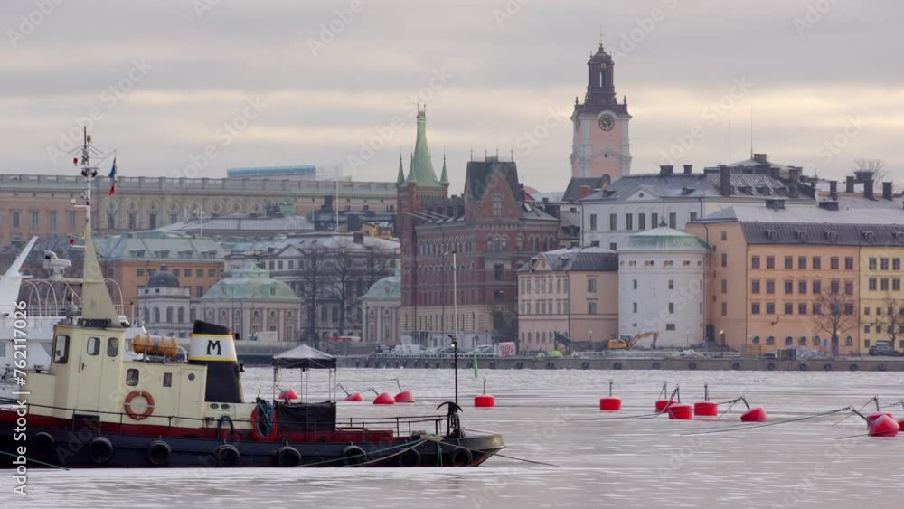 View towards Gamla Stan over iced lake from Norr Mälarstrand, Stockholm, Sweden View towards Gamla Stan over iced lake from Norr Mälarstrand, Stockholm, Sweden