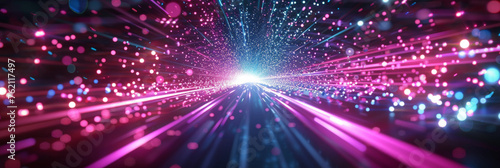  pink, blue, purple light rays from the center of an explosion moving high speed, abstract futuristic background portal tunnel with blue and teal cyberpunk colors on a black background