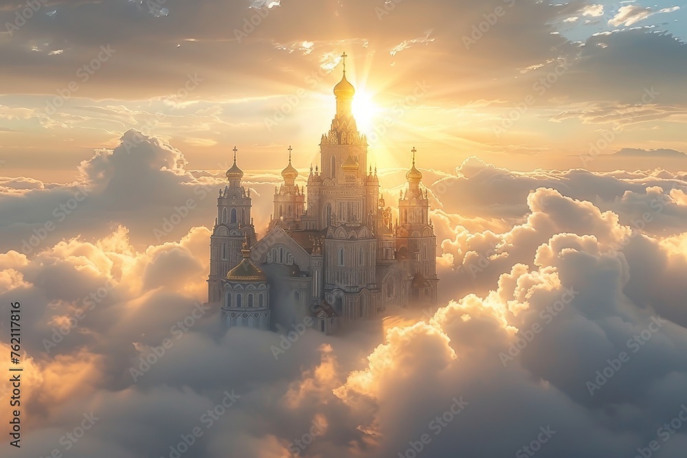 A castle is floating in the sky with a sun shining on it