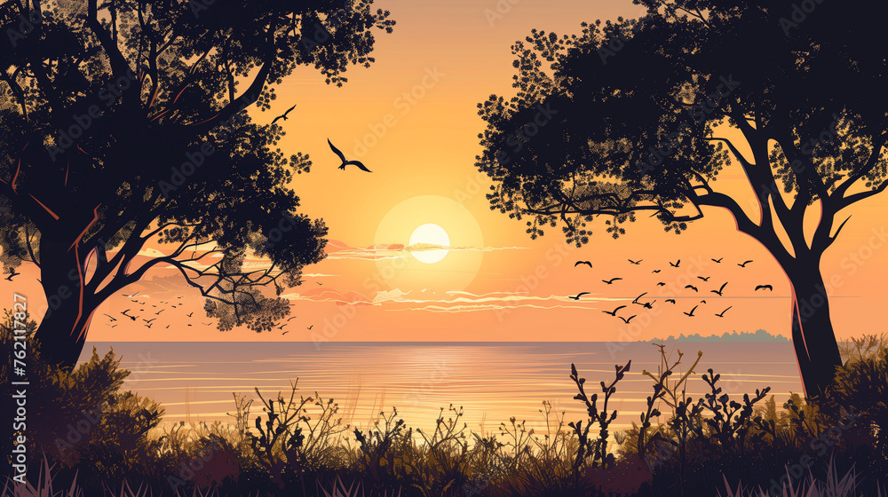 Fototapeta premium Sunset Seascape with Tree Silhouettes