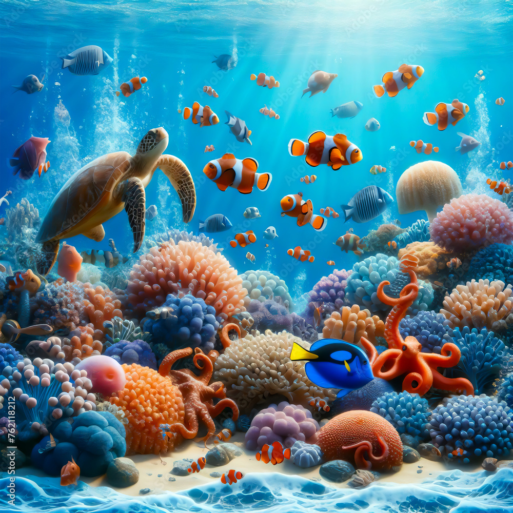 Fototapeta premium Underwater world in the deep ocean with turtle and othe sea animals.