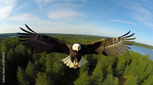 Wide shot of flying bald eagle over outdoor terrain
 photo