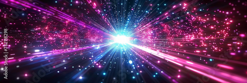  pink, blue, purple light rays from the center of an explosion moving high speed, abstract futuristic background portal tunnel with blue and teal cyberpunk colors on a black background