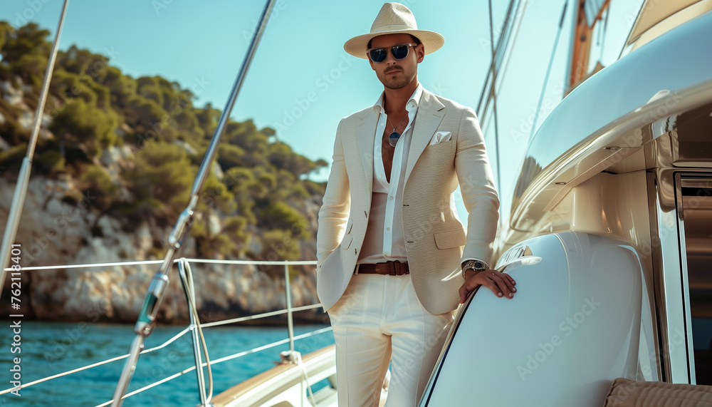 man in white suit standing on the yacht 