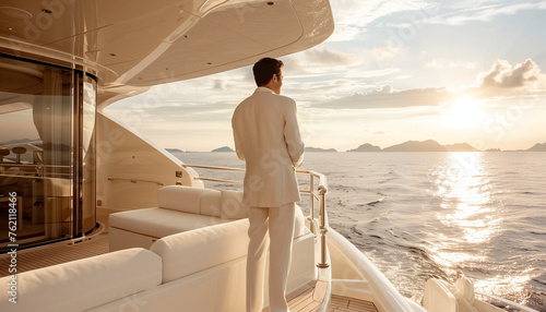 man in white suit standing on the yacht watching the sea