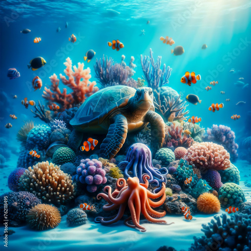 Underwater world in the deep ocean with turtle and othe sea animals. photo