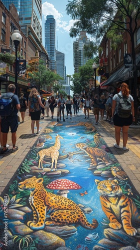 Chalk mural on city street with message about wildlife conservation for World Wildlife Day.