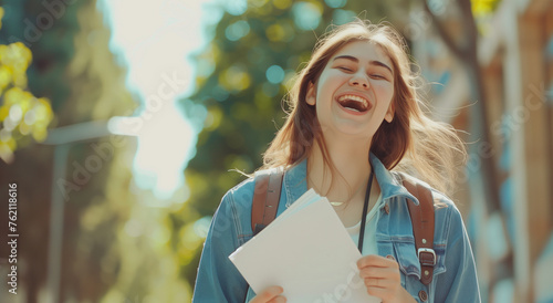 smiling young woman holding test paper and laughing in happiness © The Stock Photo Girl
