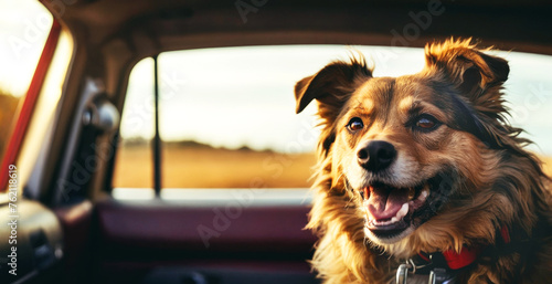 Portrait of a smiling mongrel dog sitting in a car. © fydorov