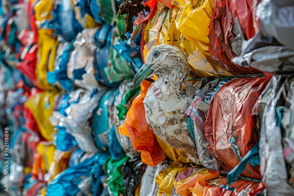 Fototapeta premium Artistic seagull sculpture made from plastic debris highlighting environmental pollution.