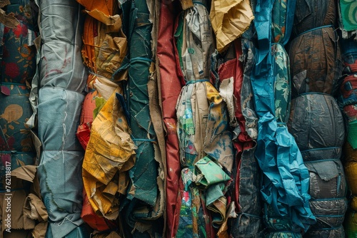 Close-up of a colorful  tightly packed wall of recycled textile materials.