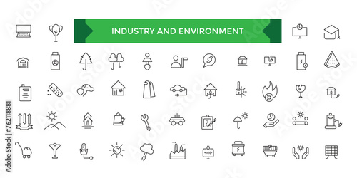 Industry and Environment icons. Lne icons collection. Thin line icons set of ecology, environment and sustainability concepts. Outline symbol collection.