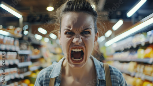 A woman in a supermarket screams in frustration, embodying a moment of overwhelming stress. photo