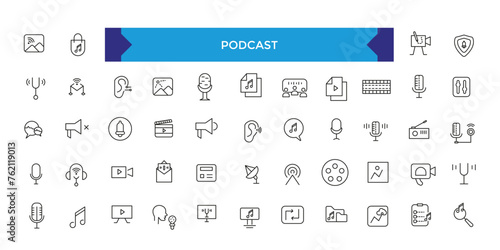 Podcast and Audio line icon set vector. Web icons in line style. Learning icons for web and mobile app. E-learning, video tutorial, knowledge, study.