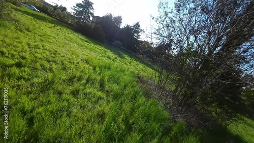 FPV racing drone takes off and flies at high speed over green meadows photo