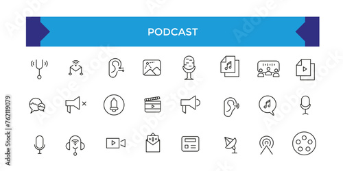 Podcast and Audio line icon set vector. Web icons in line style. Learning icons for web and mobile app. E-learning, video tutorial, knowledge, study.