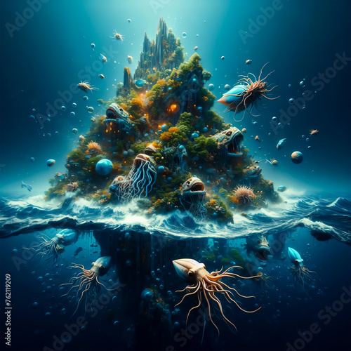 Underwater world in the deep ocean with turtle and othe sea animals. © Ghozi