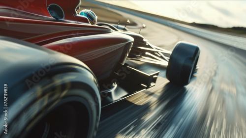 The thrilling speed of a Formula One car racing on a track at sunset.