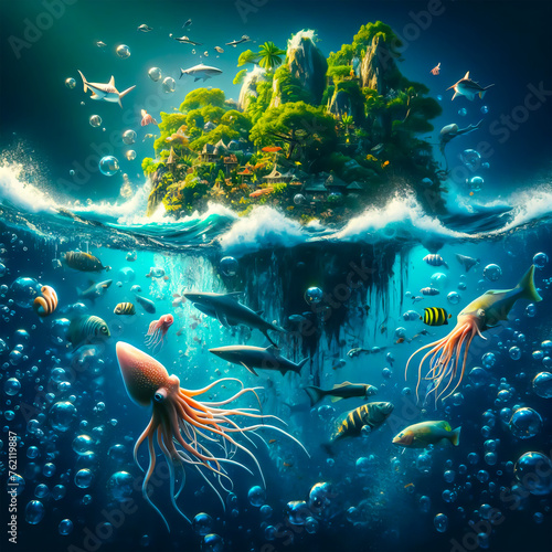 Underwater world in the deep ocean with turtle and othe sea animals. © Ghozi