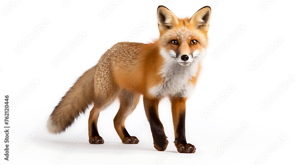 A stock vector illustration of a fox standing against a white background, captured in side view with its body and head facing forward. 
