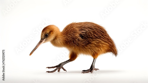 A photo of an adorable kiwi bird, walking on two legs against white background © Afaq