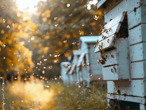 Honey bees returning to their white hives in open field 