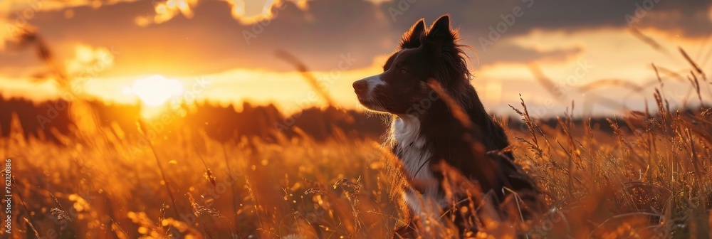Border Collie enthusiastically chilling in a field of tall grass against the backdrop of a stunning sunset created with Generative AI Technology - obrazy, fototapety, plakaty 