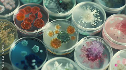 Colorful petri dishes with different bacteria cultures.
