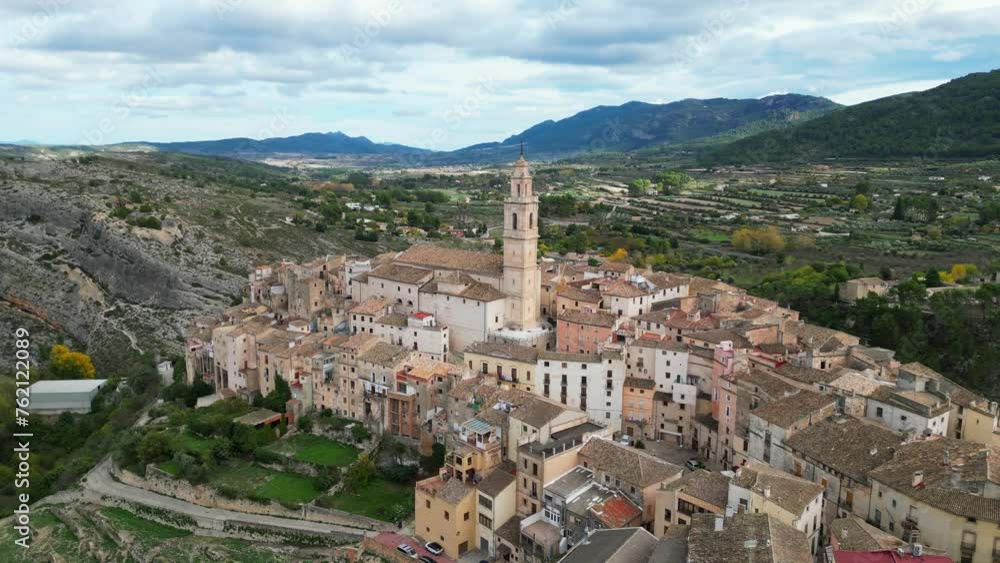 Bocairent Village and Church on a Hilltop in Valencia region, Costa Blanca, Spain - Aerial 4k Bocairent Village and Church on a Hilltop in Valencia region, Costa Blanca, Spain - Aerial 4k
