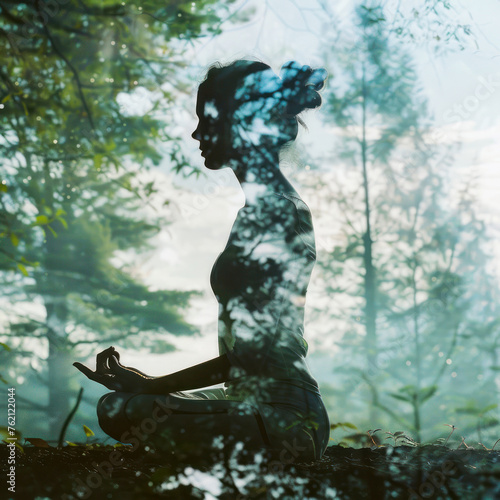 Serenity flows in this image of a woman meditating, perfectly blended with a tranquil forest, symbolizing inner peace and mindfulness