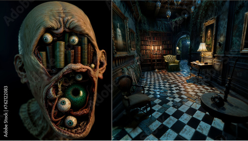 Gothic Fantasy Diptych: Monstrous Bookhead Creature and Haunted Library