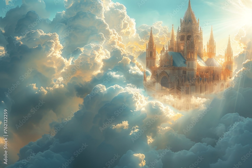 A castle is seen in the clouds with the sun shining on it - obrazy, fototapety, plakaty 
