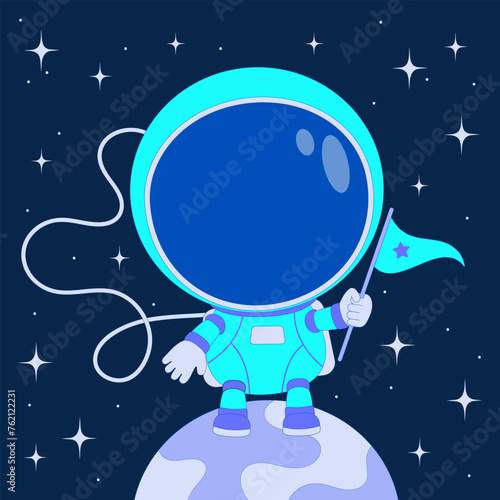 Cute astronaut character with flag stand on a planet. Cartoon vector illustration for poster, decoration, print.