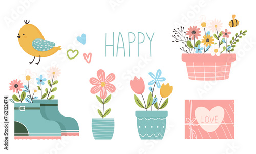 Cute hand drawn vector set with spring flowers, birds, rubber boots, hearts and other elements.