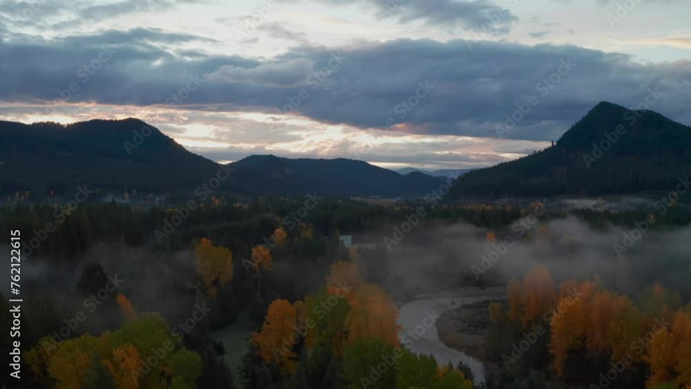 Breathtaking Morning Scenery in Washington State, with Mystical Fog Along the River and Colorful Forest Breathtaking Morning Scenery in Washington State, with Mystical Fog Along the River and Colorful Forest