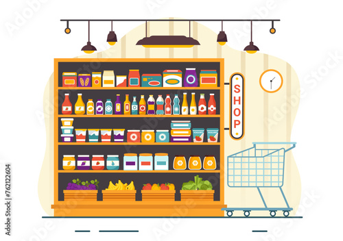 Grocery Store Shelf Vector Illustration with Foods Items and Products Assortiment on the Supermarket for Shopping Daily Needs in Flat Background