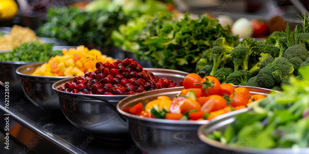 A line of metal bowls filled with colorful vegetables and salad at the entrance to an event hall,catering wedding buffet for events A line of metal bowls filled with colorful vegetables and salad at the entrance to an event hall,catering wedding buffet for events