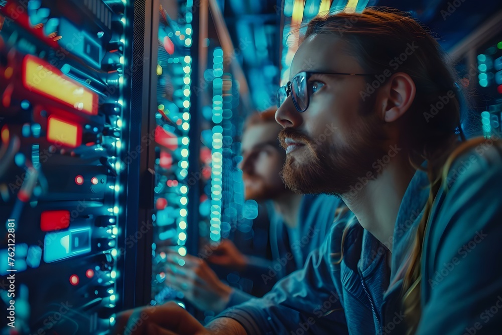 Obraz premium People using advanced technology to streamline operations and optimize data management. Concept Advanced Technology, Streamlining Operations, Data Management, Optimize Processes, Efficiency Solutions