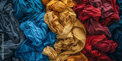 A pile of colorful t-shirts and shirts are thrown on the floor in different colors, including blue, red, yellow and dark blue. concept of recycling,  photo
