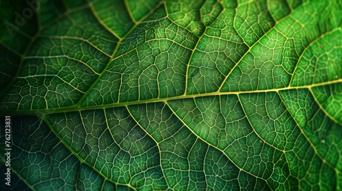 Macro close-up of a vibrant green leaf showing intricate details and textures of its veins.