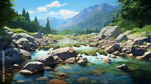 Clear mountain river among beautiful picturesque mountains