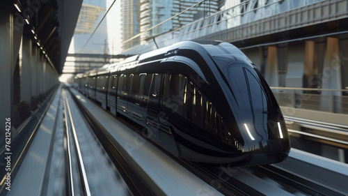 Sleek futuristic train gliding through an urban transit corridor.