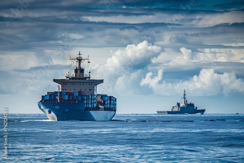 a container cargo ship sailing in the vast ocean escorted by a military ship 