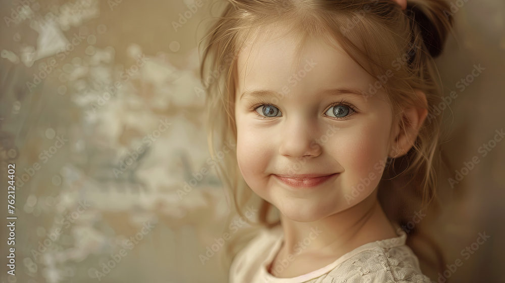 A radiant, happy young girl stands against a softly lit, isolated background A radiant, happy young girl stands against a softly lit, isolated background