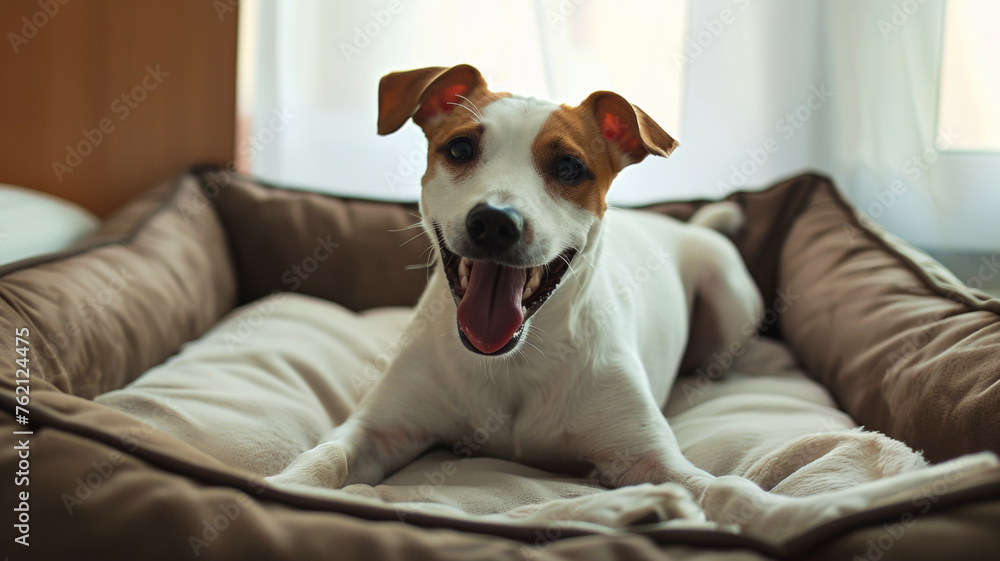 Energetic Jack Russell Terrier rests happily in a cozy dog bed with sunlight streaming in. Energetic Jack Russell Terrier rests happily in a cozy dog bed with sunlight streaming in.
