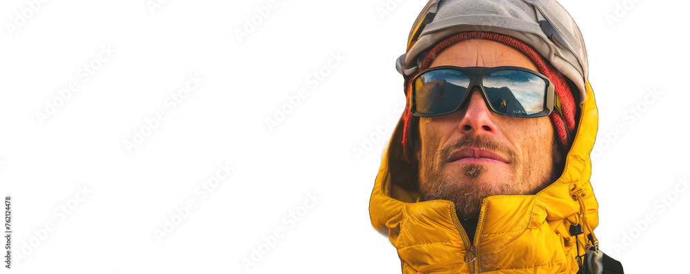 A portrait of the young alpinist man in winter with ski goggles A portrait of the young alpinist man in winter with ski goggles